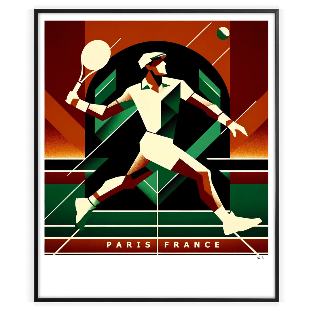 Vintage tennis player in action with muted colors and retro typography