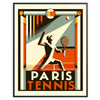 Vintage-style illustration of tennis players at Roland Garros, with Paris skyline in the background - in a black frame