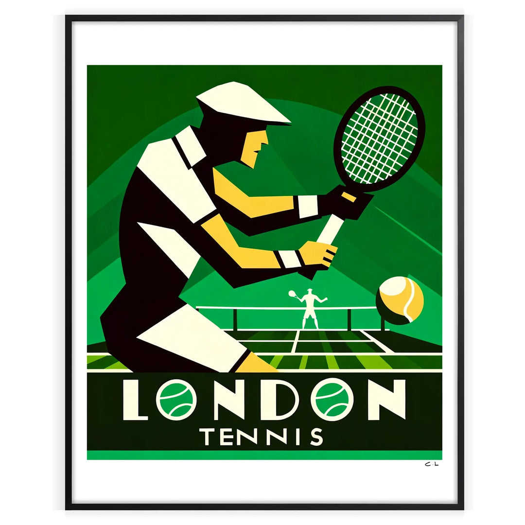 Art Deco illustration featuring tennis players at Wimbledon, with green and cream tones