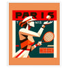 A woman playing tennis in front of the Eiffel Tower, with a Parisian skyline. - in a white frame