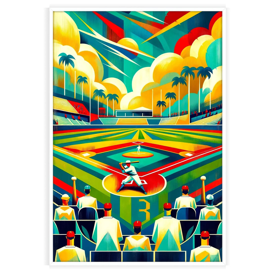 Baseball poster showing dynamic player silhouette in vintage style, muted colors - in a white frame