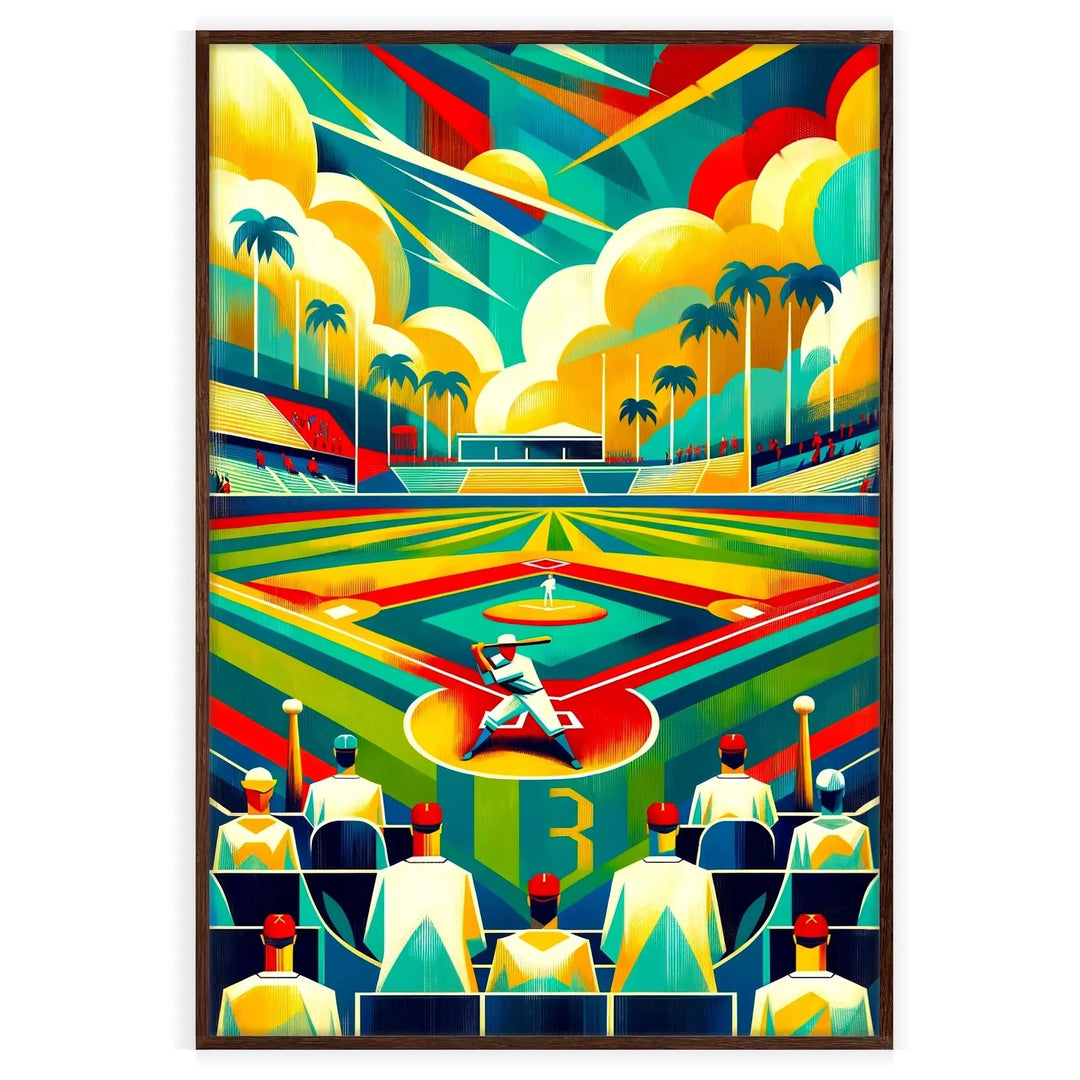 Baseball poster showing dynamic player silhouette in vintage style, muted colors - in a walnut frame