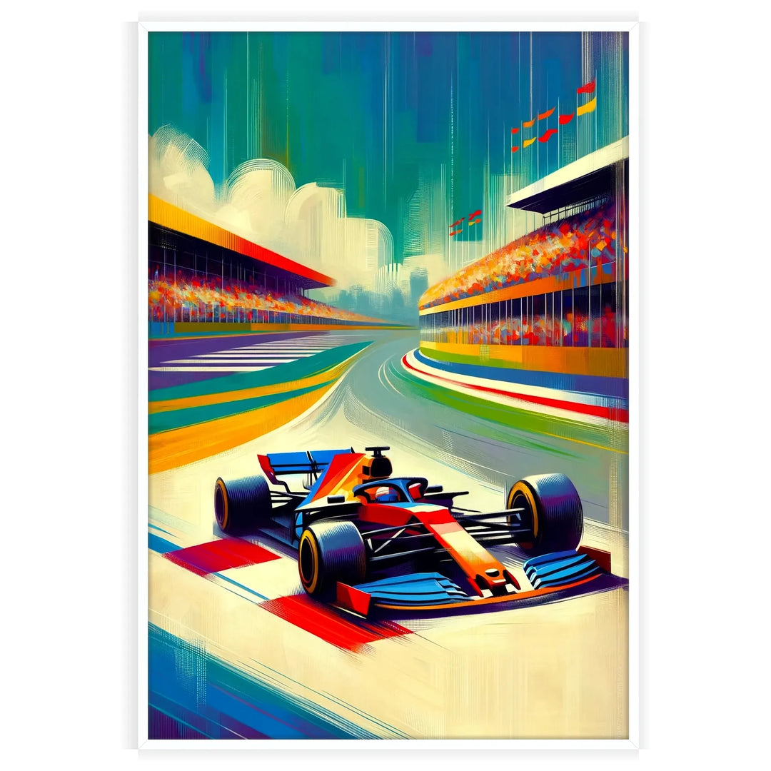 Dynamic Formula 1 car racing through a blurred background in shades of brown and blue - in a white frame