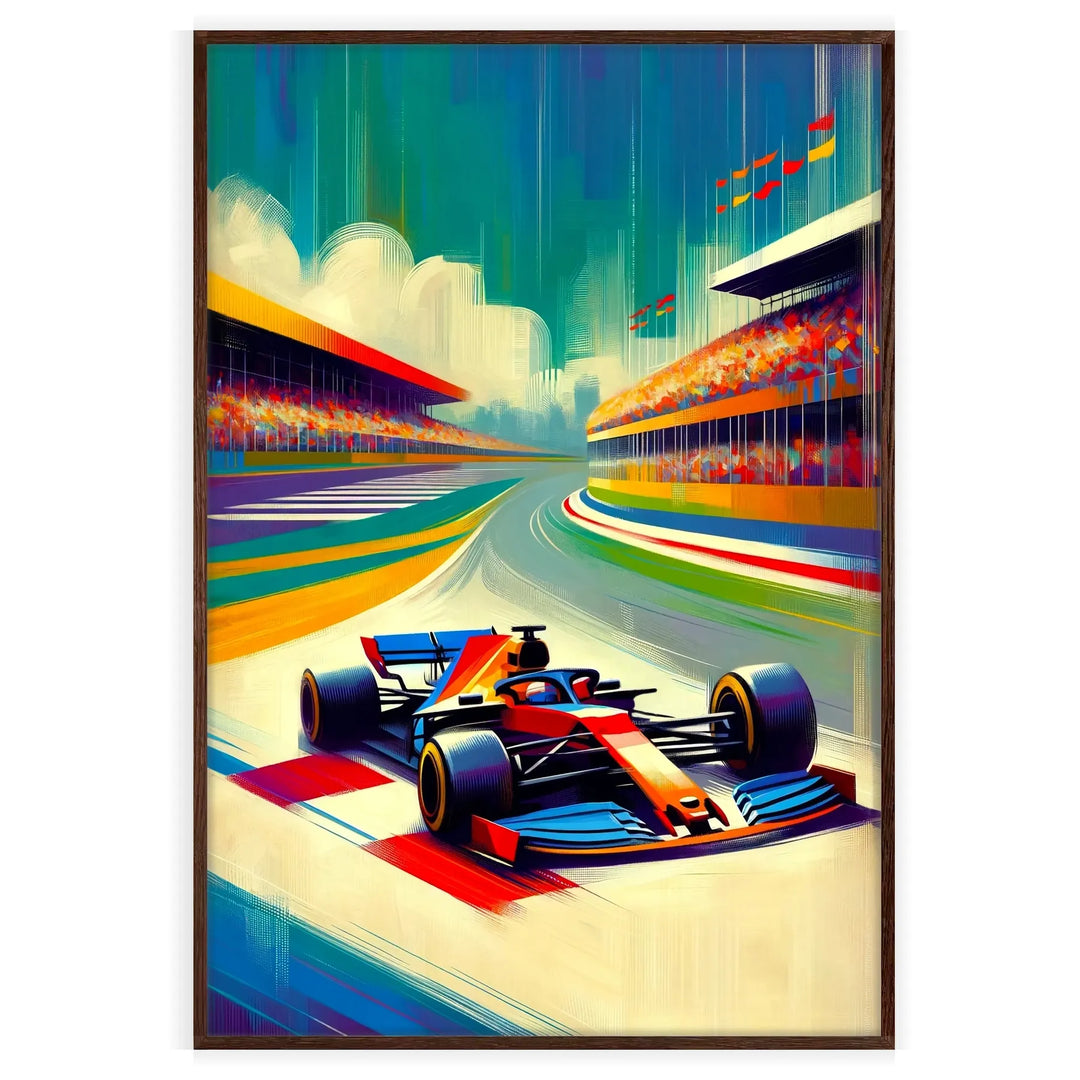 Dynamic Formula 1 car racing through a blurred background in shades of brown and blue - in a walnut frame