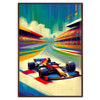Dynamic Formula 1 car racing through a blurred background in shades of brown and blue - in a walnut frame