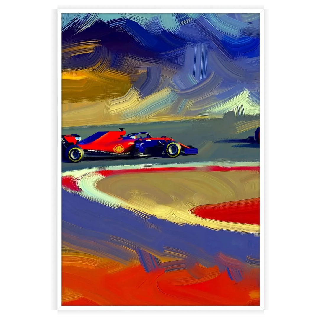 Dynamic Formula 1 car in motion with green and orange hues - in a white frame