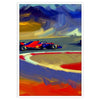 Dynamic Formula 1 car in motion with green and orange hues - in a white frame