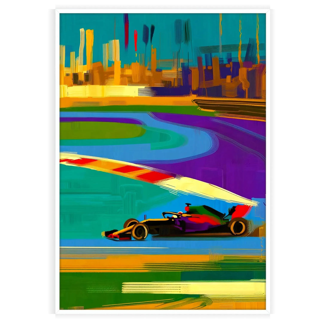 Dynamic Formula 1 car in motion with orange and purple colors - in a white frame