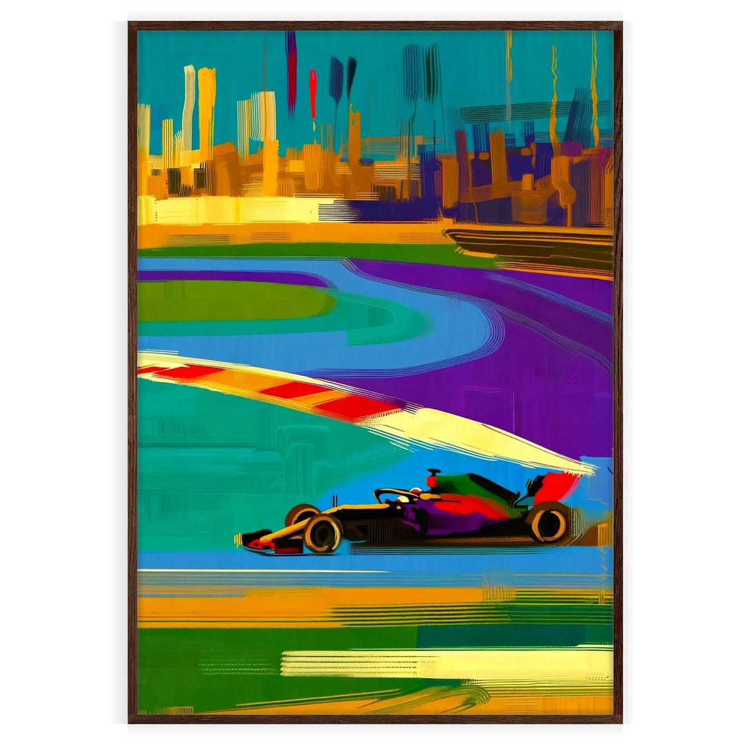 Dynamic Formula 1 car in motion with orange and purple colors - in a walnut frame