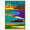 Dynamic Formula 1 car in motion with orange and purple colors - in a walnut frame