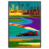 Dynamic Formula 1 car in motion with orange and purple colors - in a black frame