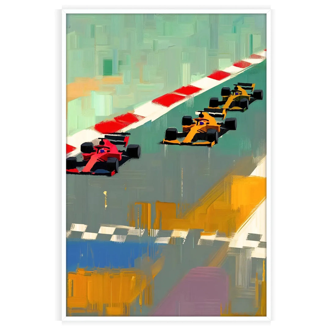 Dynamic Formula 1 car racing on a track with red and white accents - in a white frame