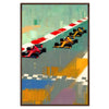 Dynamic Formula 1 car racing on a track with red and white accents - in a walnut frame