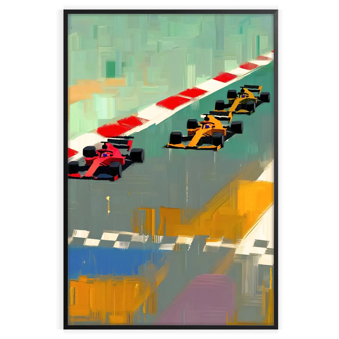 Dynamic Formula 1 car racing on a track with red and white accents