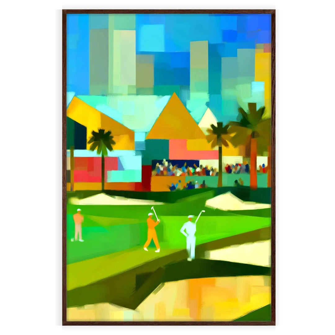 A dynamic illustration of a golfer in mid-swing, with green grass and blue sky - in a walnut frame