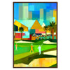 A dynamic illustration of a golfer in mid-swing, with green grass and blue sky - in a walnut frame