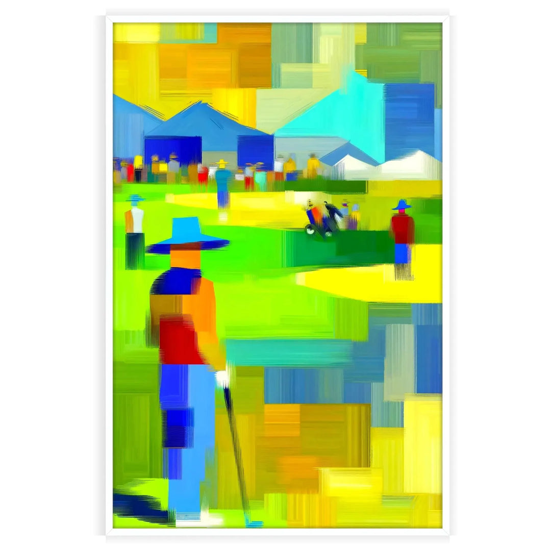 A golfer in action on a lush green course under a clear blue sky - in a white frame