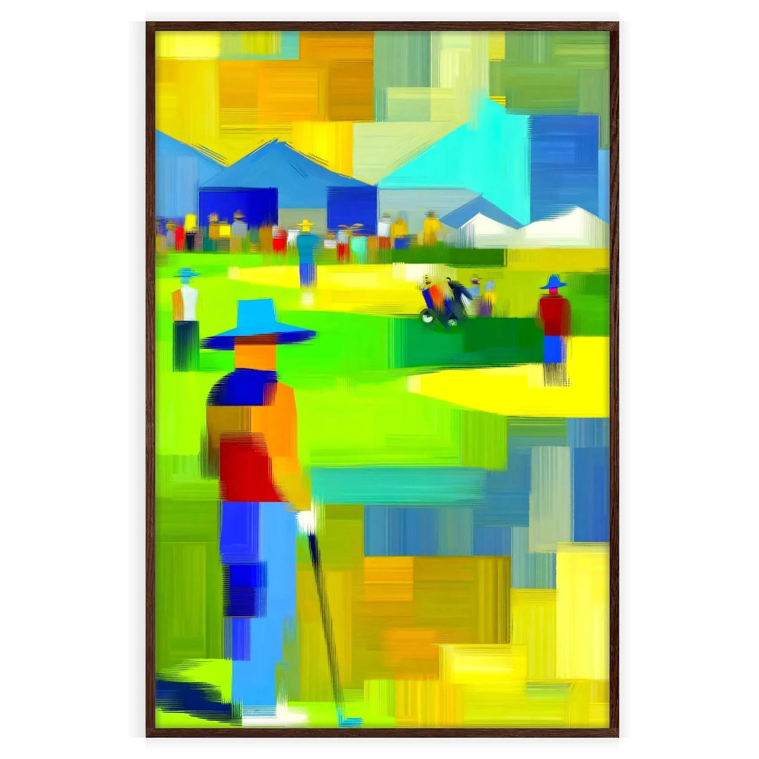 A golfer in action on a lush green course under a clear blue sky - in a walnut frame