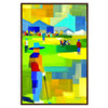A golfer in action on a lush green course under a clear blue sky - in a walnut frame