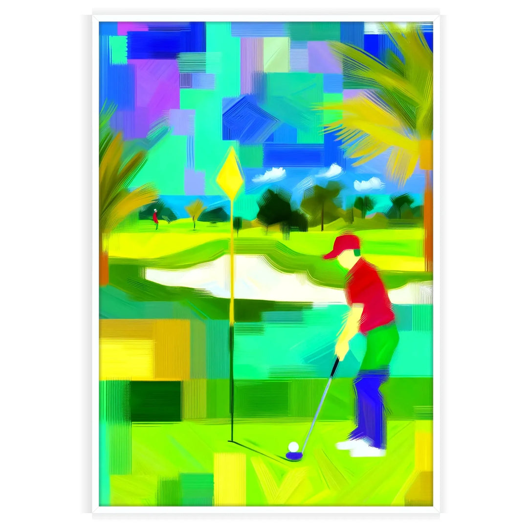 A dynamic golf scene featuring a golfer in mid-swing, with green grass and blue sky. - in a white frame