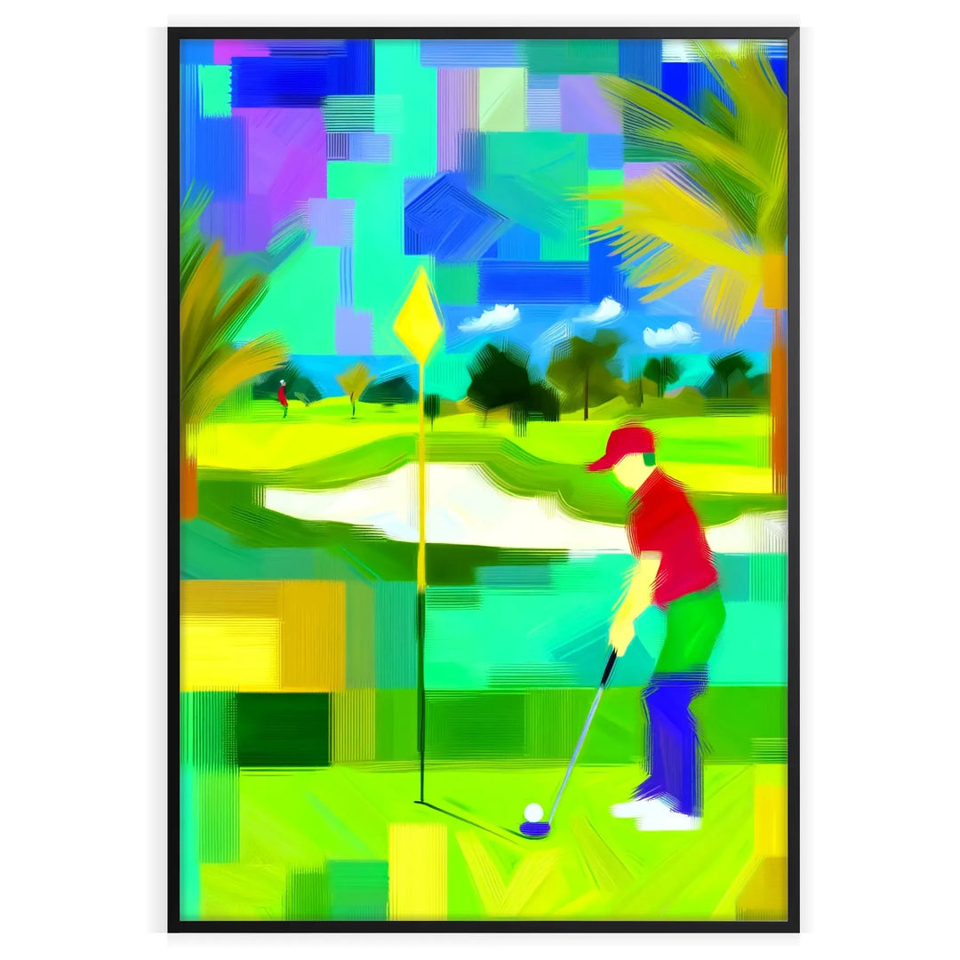 A dynamic golf scene featuring a golfer in mid-swing, with green grass and blue sky.