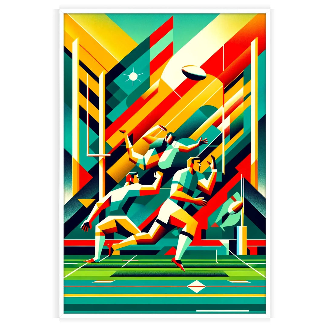 A dynamic rugby player in action, illustrated with bold colors and energetic lines - in a white frame