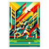 A dynamic rugby player in action, illustrated with bold colors and energetic lines - in a white frame