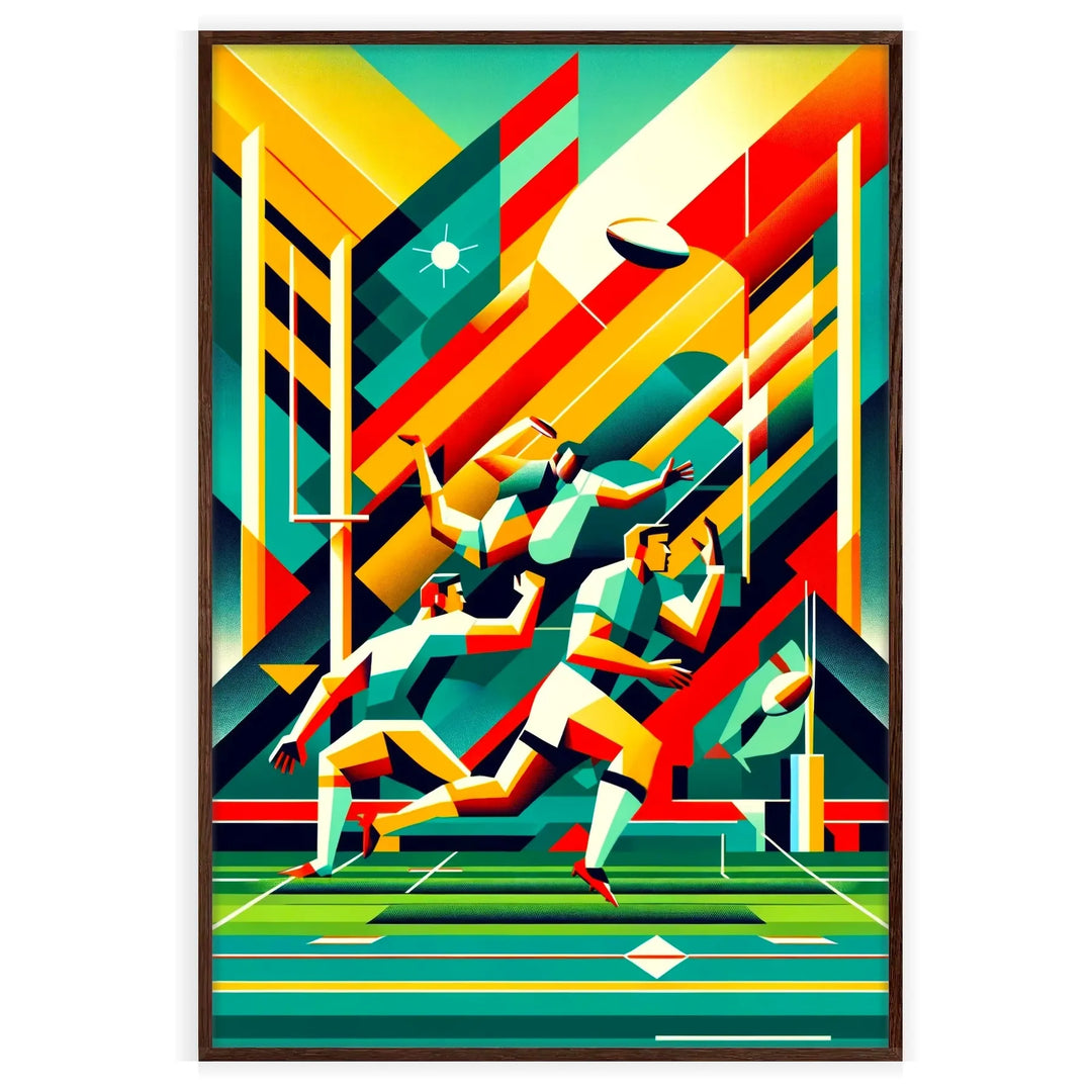 A dynamic rugby player in action, illustrated with bold colors and energetic lines - in a walnut frame