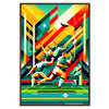 A dynamic rugby player in action, illustrated with bold colors and energetic lines - in a walnut frame