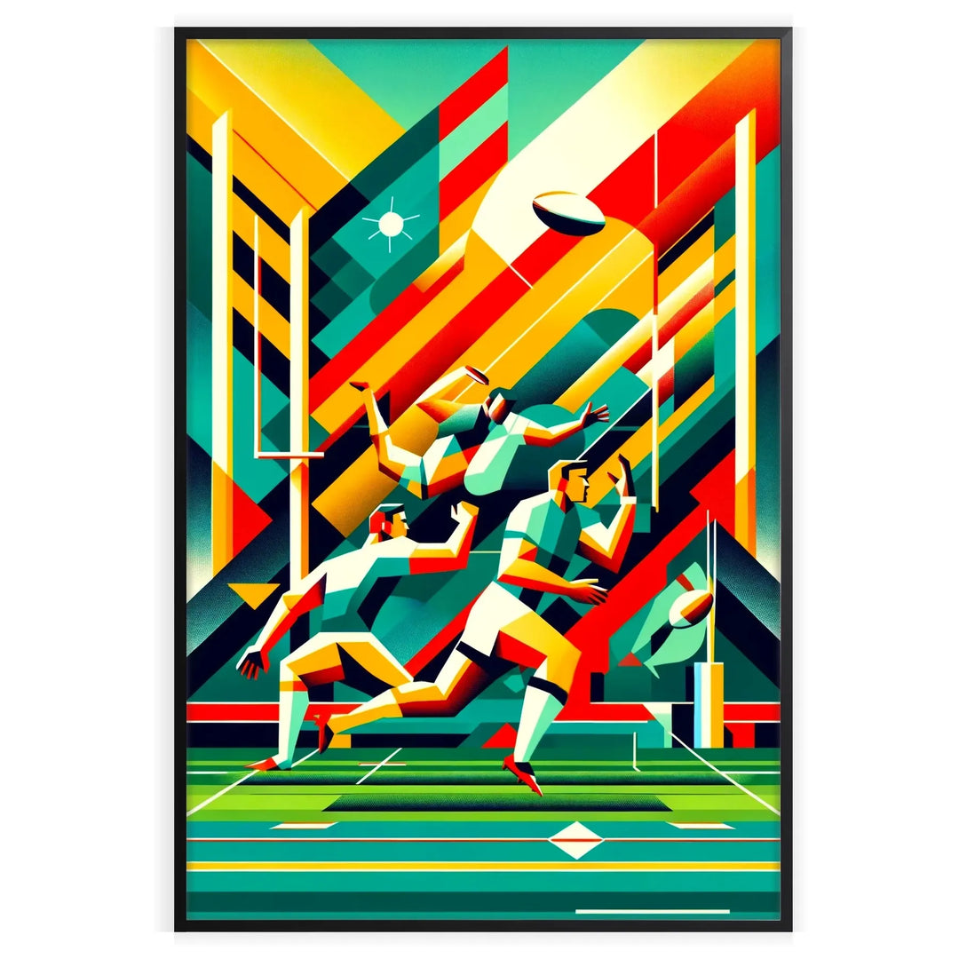 A dynamic rugby player in action, illustrated with bold colors and energetic lines