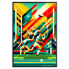 A dynamic rugby player in action, illustrated with bold colors and energetic lines - in a black frame