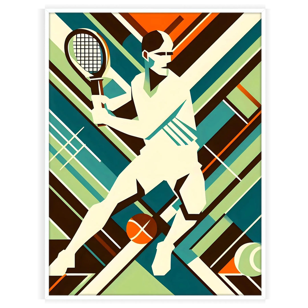Retro tennisillustration med spelare i aktion och starka färger - i en vit ram