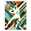 Retro tennisillustration med spelare i aktion och starka färger - i en vit ram