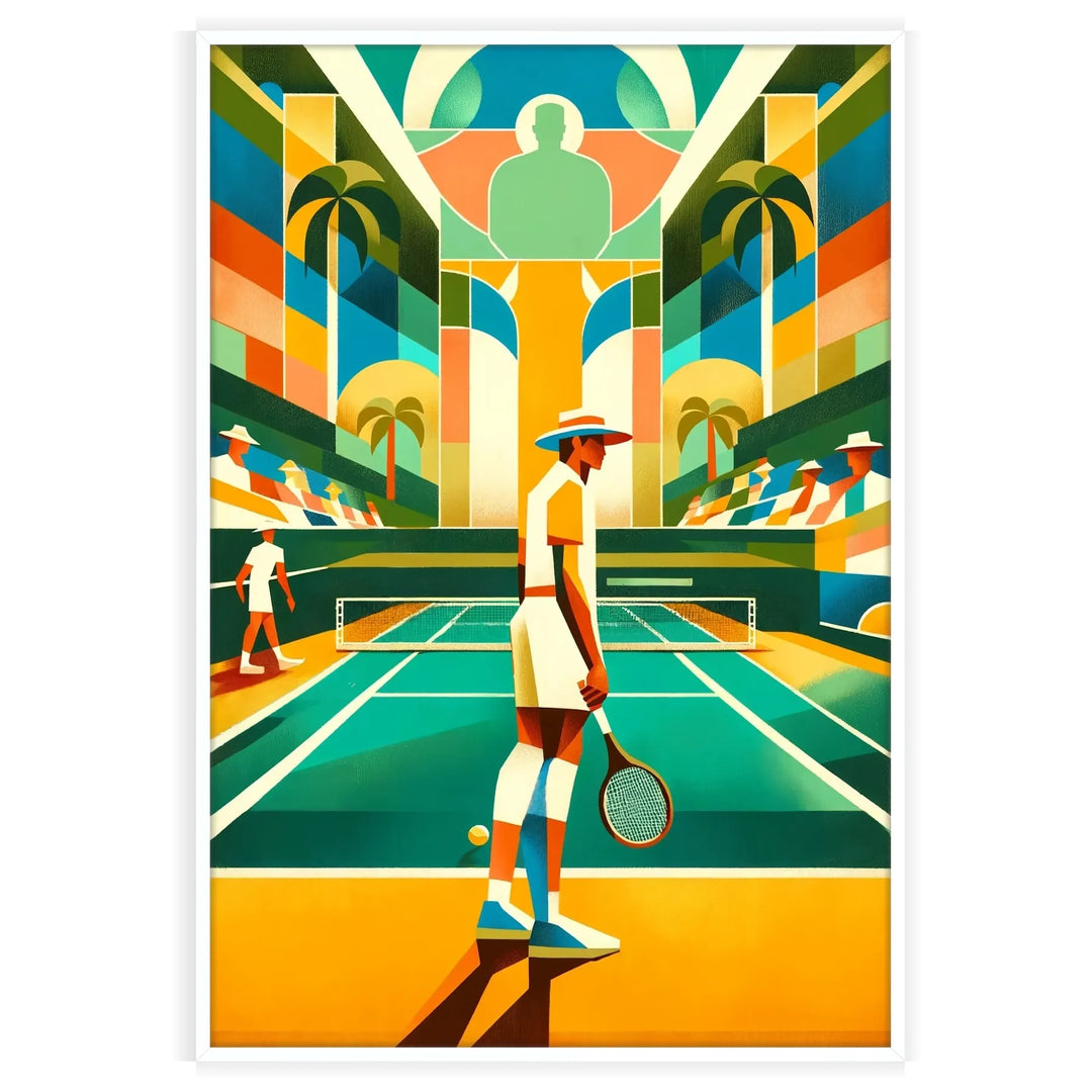 Art Deco style tennis player in action with muted colors - in a white frame