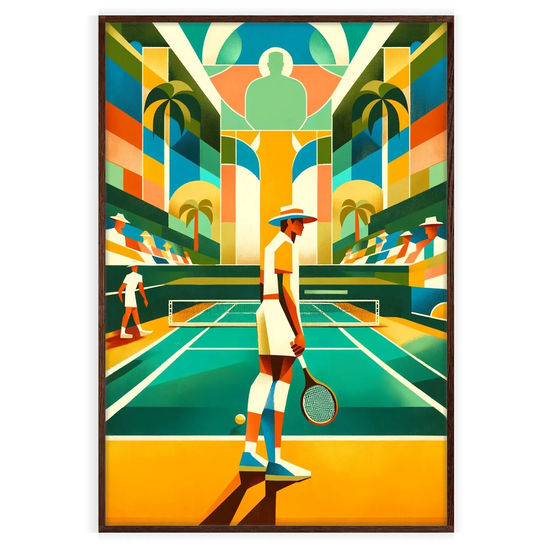 Art Deco style tennis player in action with muted colors - in a walnut frame
