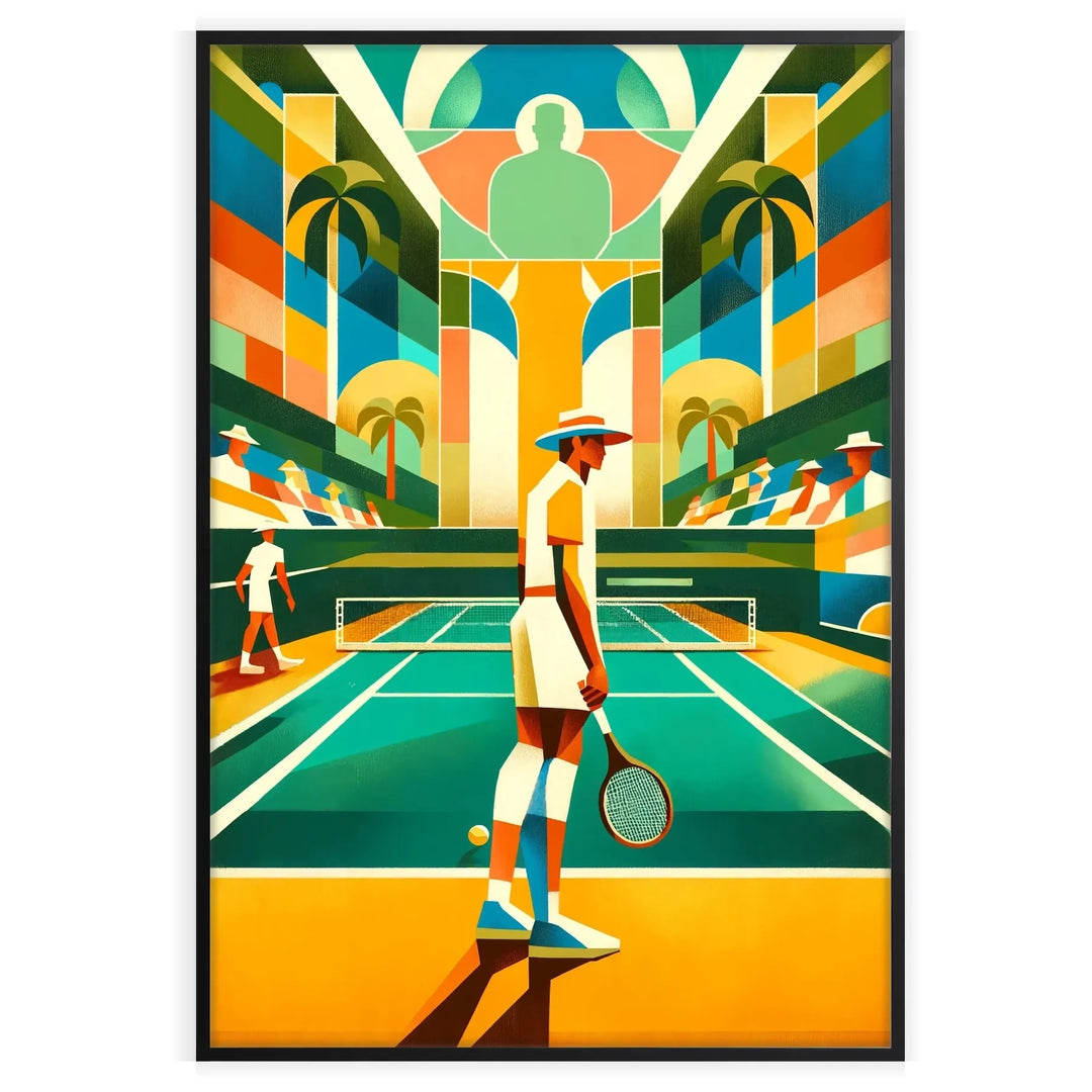 Art Deco style tennis player in action with muted colors