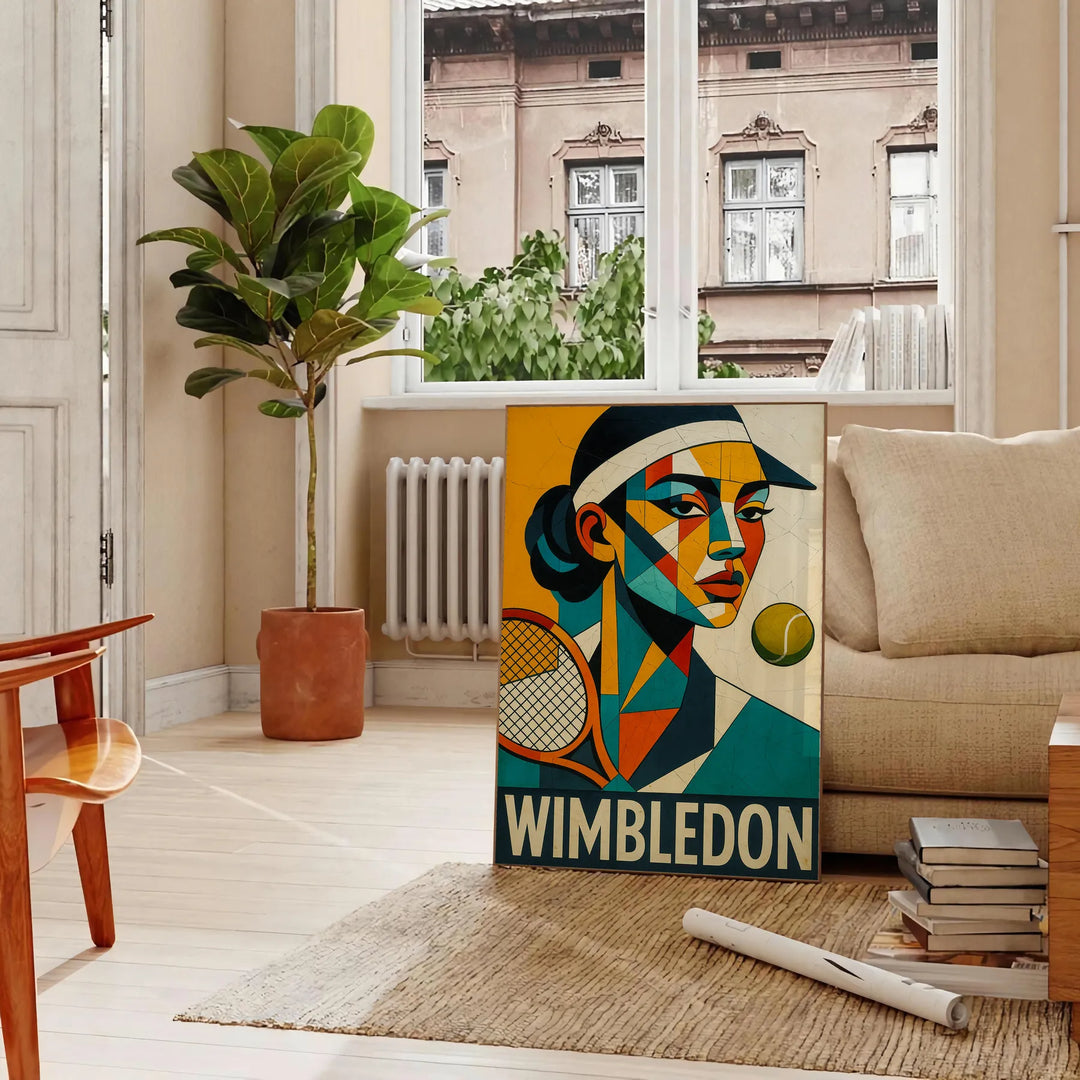 Wimbledon kubisma plakāts ar tenisa motīvu sarkanā un zaļā krāsā