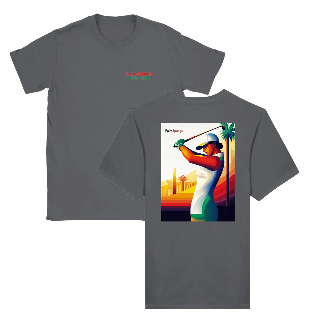 T-shirt featuring a graphic of a golf scene in Palm Springs