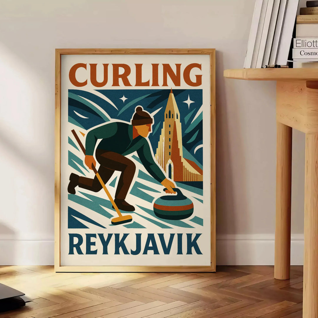 Affiche graphique de curling à Reykjavik en orange et vert minimaliste