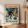 Affiche graphique de curling à Reykjavik en orange et vert minimaliste