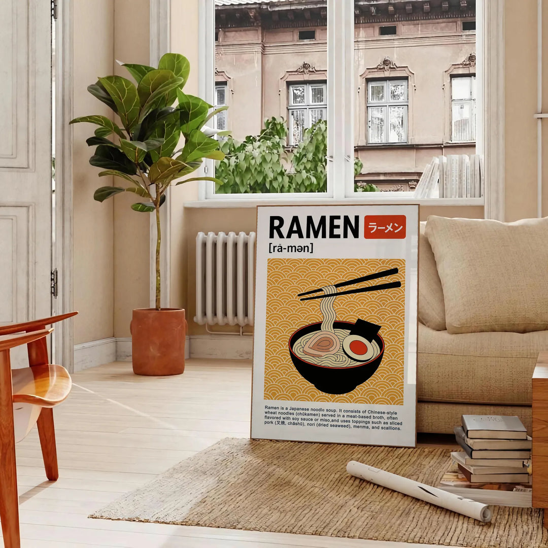 Tigela de ramen estilizada com fundo de cozinha em preto e vermelho