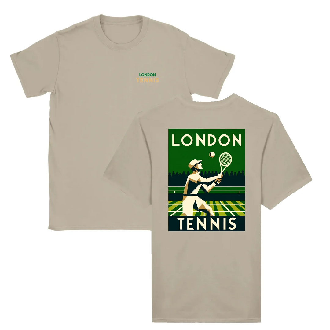 T-shirt featuring a graphic of tennis rackets and a ball in a dynamic design