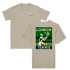 T-shirt featuring a graphic of tennis rackets and a ball in a dynamic design
