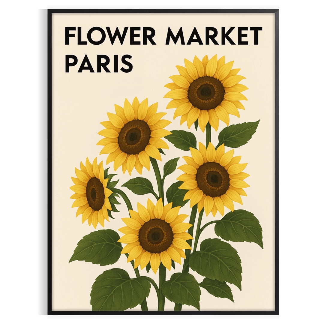 Vintage botanical Paris flower market poster in green and yellow tones