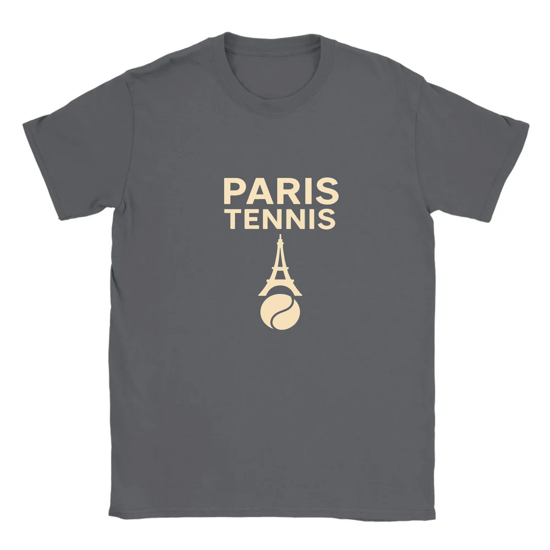 T-shirt featuring a minimalist design of the Eiffel Tower and a tennis racket