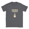 T-shirt featuring a minimalist design of the Eiffel Tower and a tennis racket