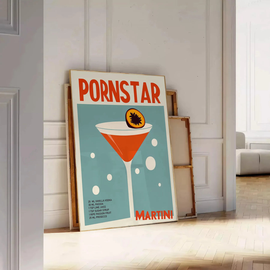 Poster of Pornstar Martini cocktail illustration with green and brown tones