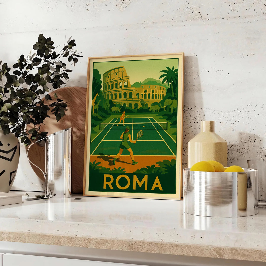 Yellow and gray Rome jungle tennis poster with vintage graphic style