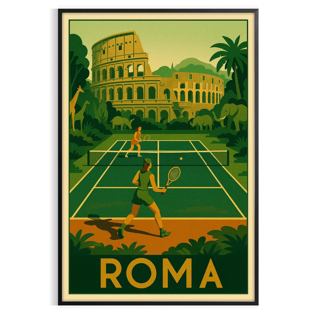 Yellow and gray Rome jungle tennis poster with vintage graphic style