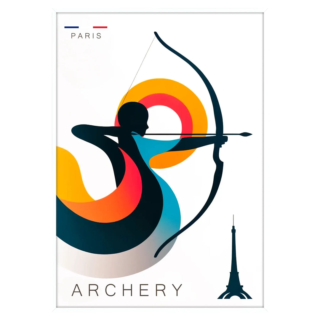 Poster Parigi tiro con l'arco, silhouette minimalista e stile moderno - in una cornice bianca